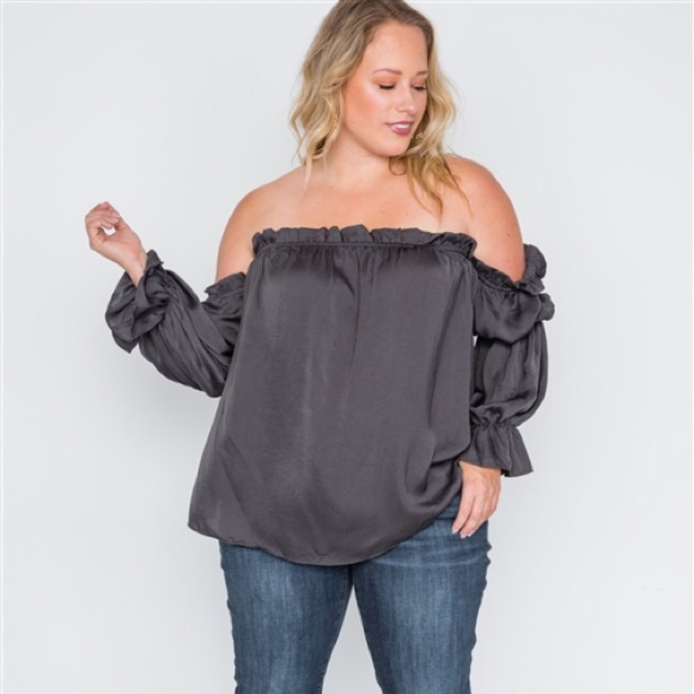 Plus Size Charcoal Ruffled Satin OTS Top
